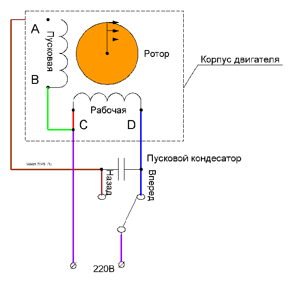 Схема однофазного реверсивного двигателя