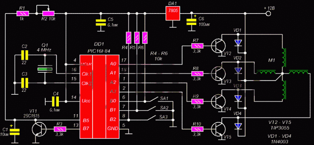 Схема управления шаговым двигателем на транзисторах