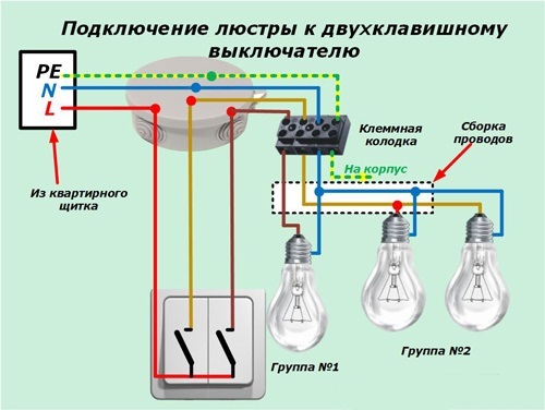 Схема подключения двухклавишного выключателя на четыре лампочки
